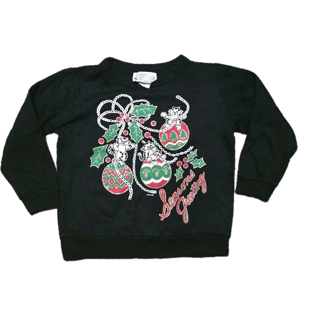 Vintage 90s Kids 6x Christmas Cat Crewneck Sweatshirt Black Nostalgic Holiday